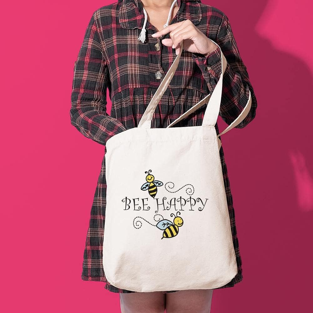 Bee Happy Tote Bag Natural Canvas Tote Bag, Reusable Shopping Bag