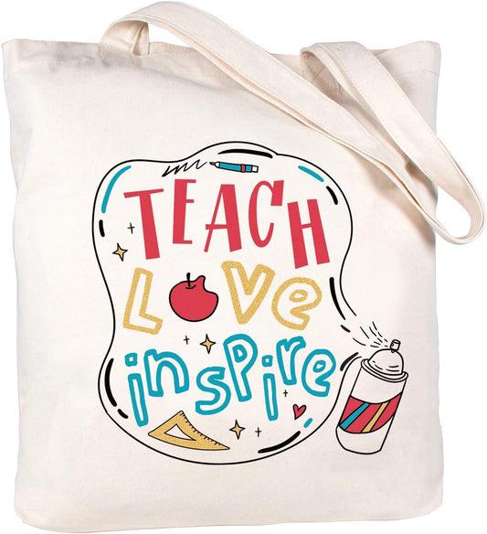 Teach Love Inspire Bag Teacher Gifts for Women Appreciation Week Graduation Birthday Valentines Day Christmas Present Canvas Tote Shoulder Bag with Pocket Cotton