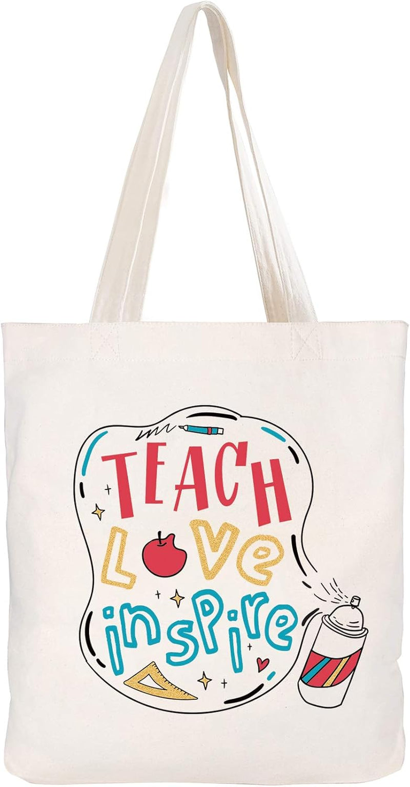 Teach Love Inspire Bag Teacher Gifts for Women Appreciation Week Graduation Birthday Valentines Day Christmas Present Canvas Tote Shoulder Bag with Pocket Cotton