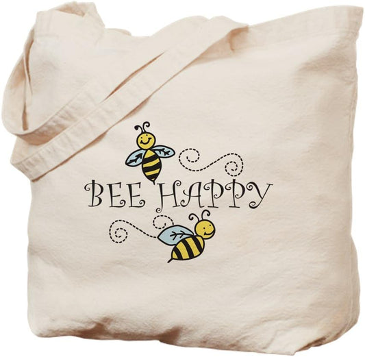 Bee Happy Tote Bag Natural Canvas Tote Bag, Reusable Shopping Bag