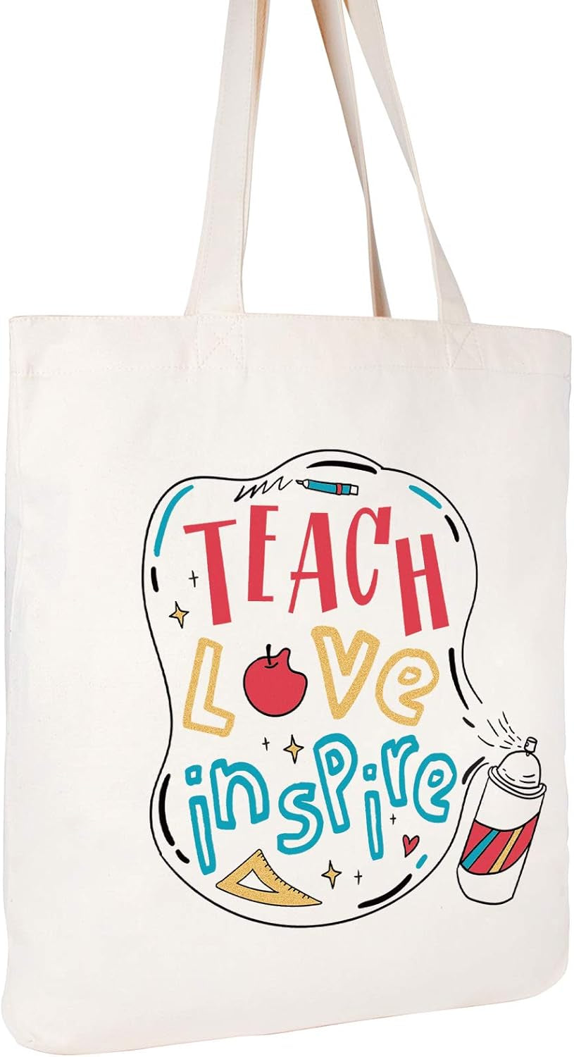 Teach Love Inspire Bag Teacher Gifts for Women Appreciation Week Graduation Birthday Valentines Day Christmas Present Canvas Tote Shoulder Bag with Pocket Cotton