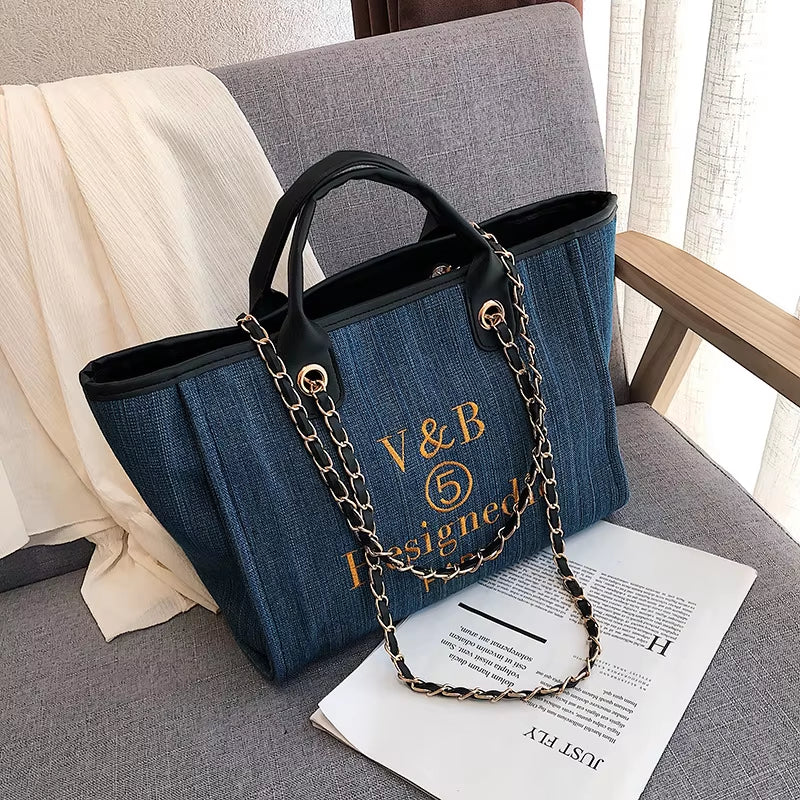 Shoulder Bags for Women 2023 New Trend Luxury Tote Big Shopper Canvas Chains Sling Strap Vintage Fashion High Quality Handbags