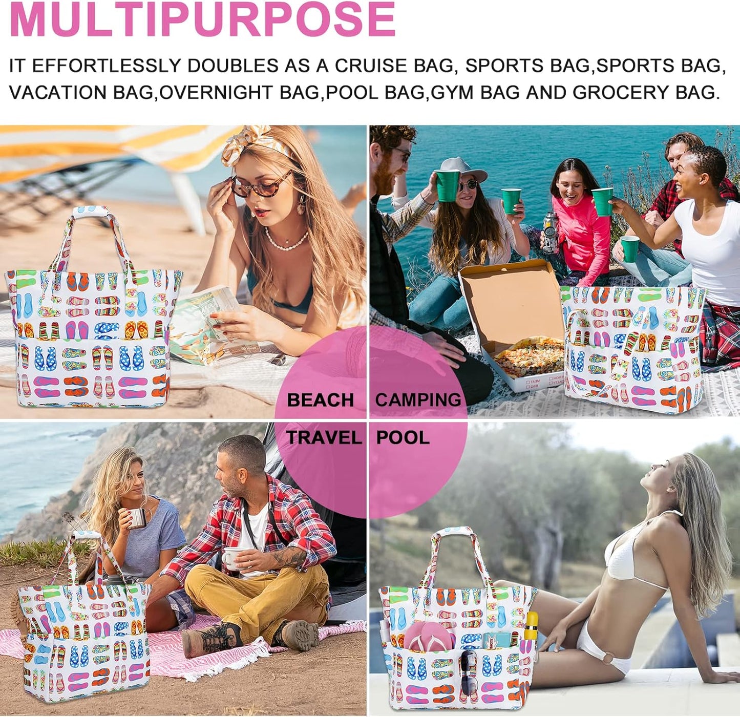 Waterproof Beach Tote Pool Bags for Women Ladies Extra Large Gym Tote Carry on Bag with Wet Compartment for Weekender Travel