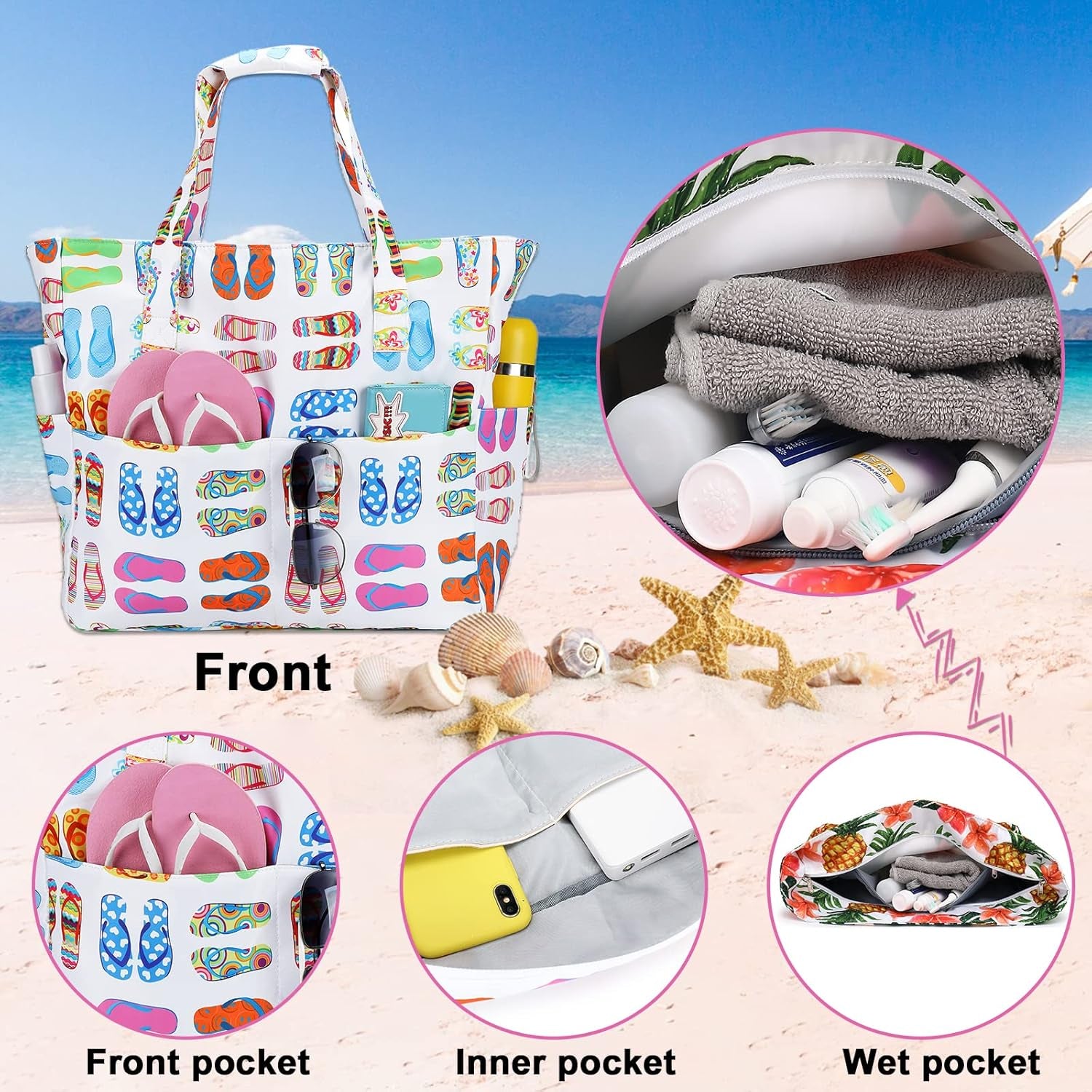 Waterproof Beach Tote Pool Bags for Women Ladies Extra Large Gym Tote Carry on Bag with Wet Compartment for Weekender Travel