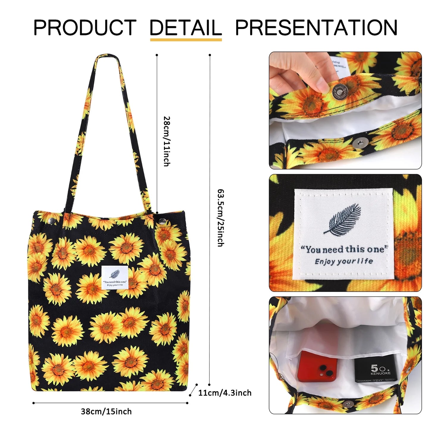 Corduroy Tote Bag for Women Girl Canvas Shoulder Cord Purse with Inner Pocket (Sunflowers)